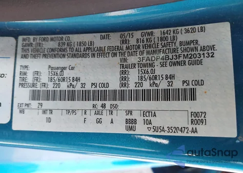 2015 Ford Fiesta Se z USA, uszkodzony, nr VIN 3FADP4BJ3FM203132